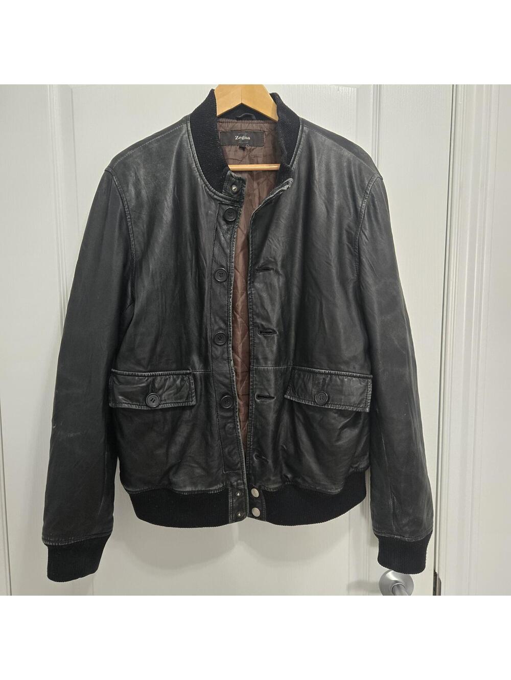 Vintage Zegna Leather Bomber Jacket Men's Large Black Button Up Ribbed Lined
